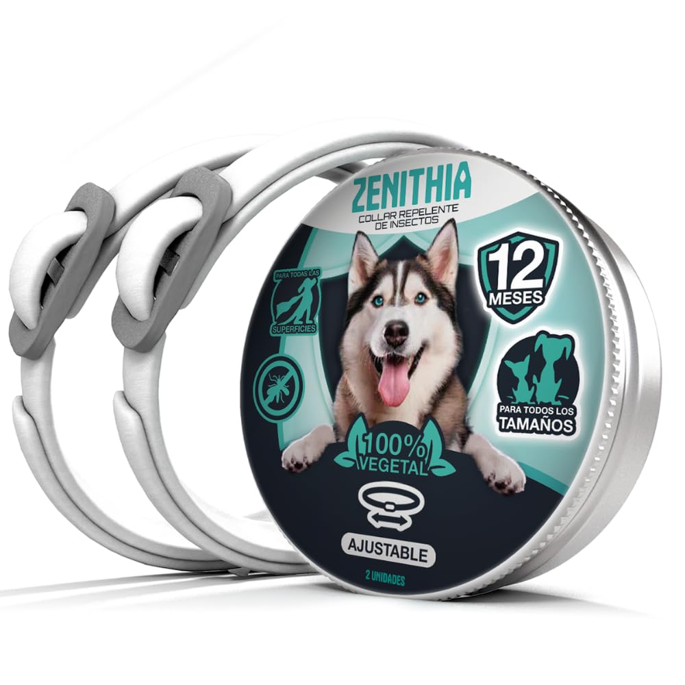 Zenithia Collar Repelente de Insectos, Antipulgas Perros, Garrapatas y Mosquitos, Collar Antiparasitario Perros-12 Meses Protección-65cm-Ajustable-100% Vegetal-Impermeable- 1 Und