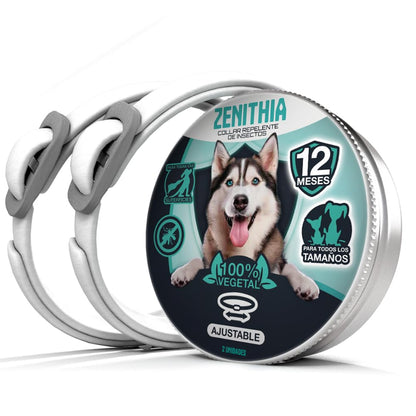 Zenithia Collar Repelente de Insectos, Antipulgas Perros, Garrapatas y Mosquitos, Collar Antiparasitario Perros-12 Meses Protección-65cm-Ajustable-100% Vegetal-Impermeable- 1 Und
